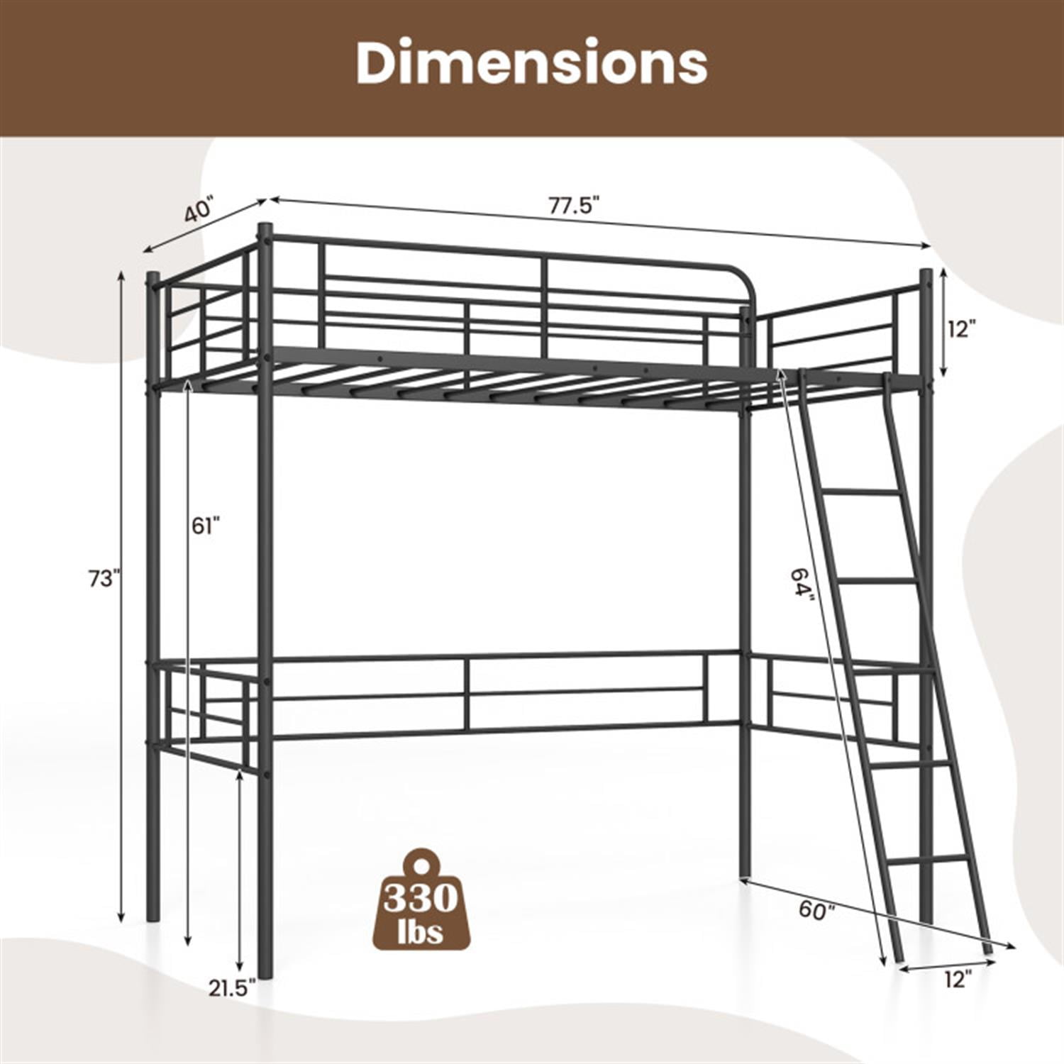 Demi Bonn Twin Size Loft Bed Metal Bed Frame with Ladder and Guardrails for Teens, Black