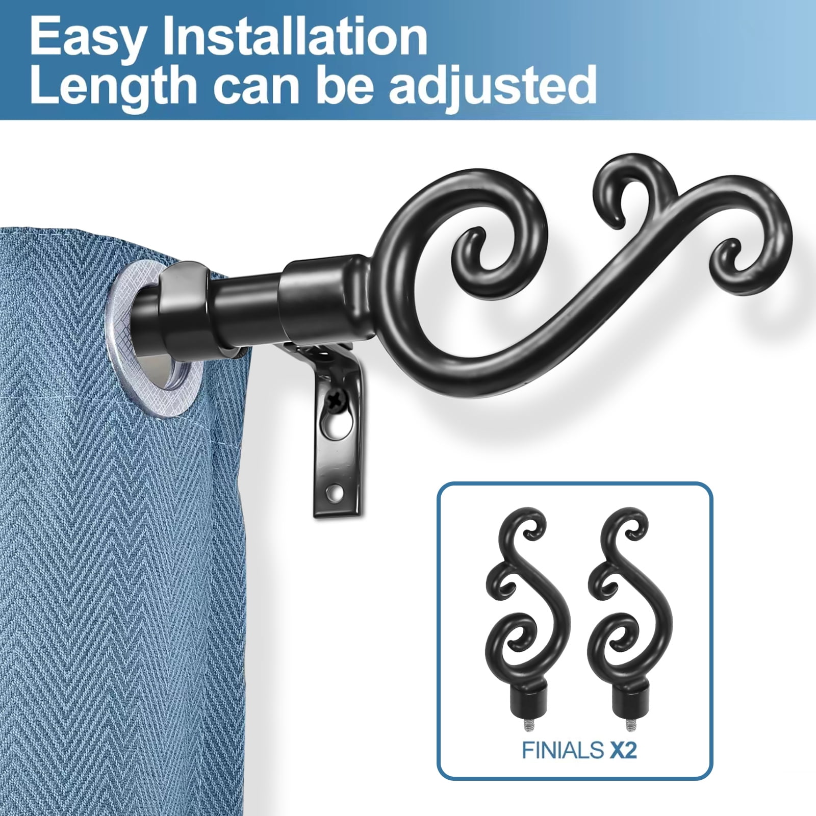 Urbanest Scroll Designer Single Curtain Rod – Decorative Metal Finials, 5/8" Diamter Drapery Hardware Set Window Treatments, 84" to 120", Matte Black