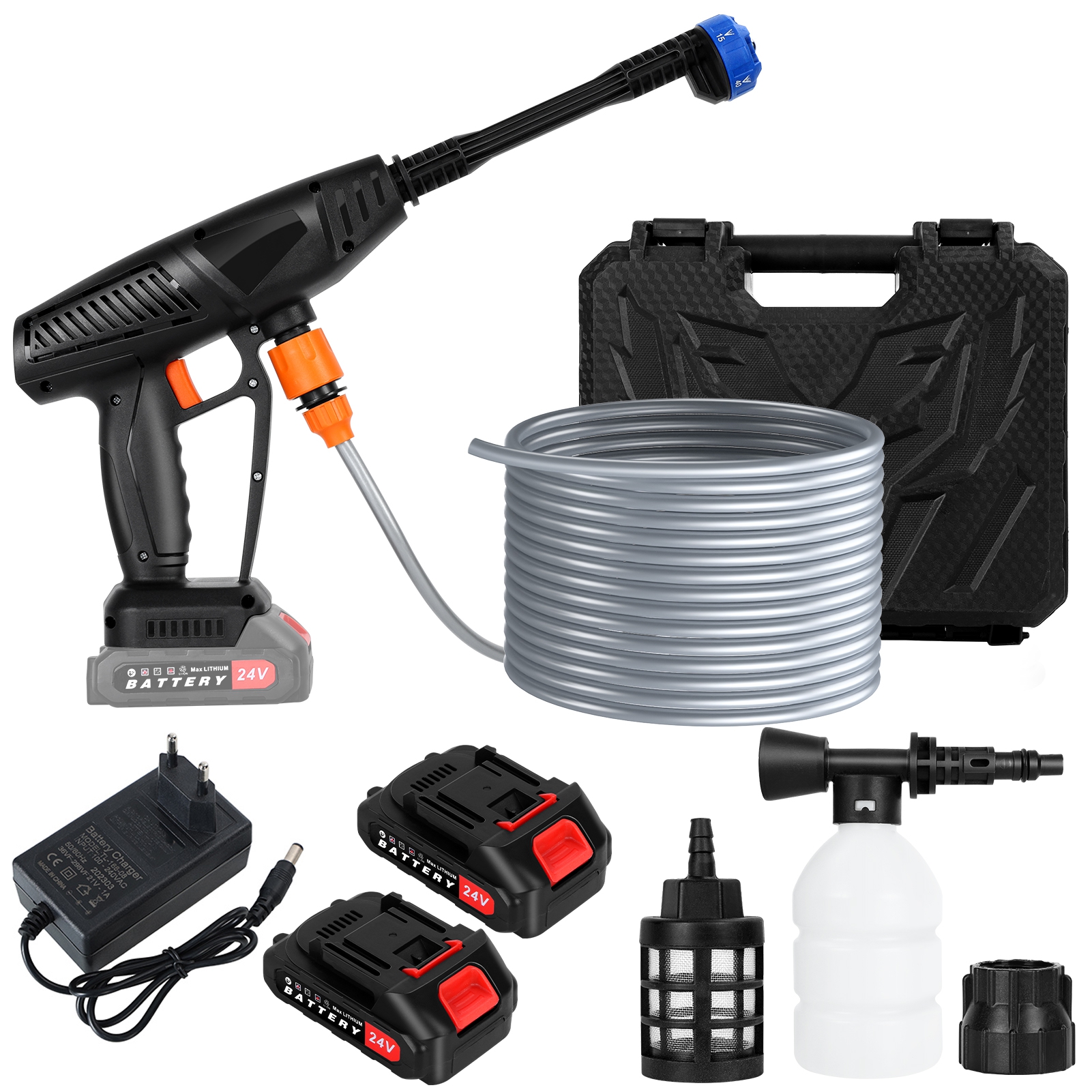 Ltoshu 24V Cordless Pressure Washer - Battery Powered Portable Washer with 6-in-1 Nozzles, 21.5Ah Batteries, 16.4ft Hose & Foam Bottle for Car/Bike/Yard/Home