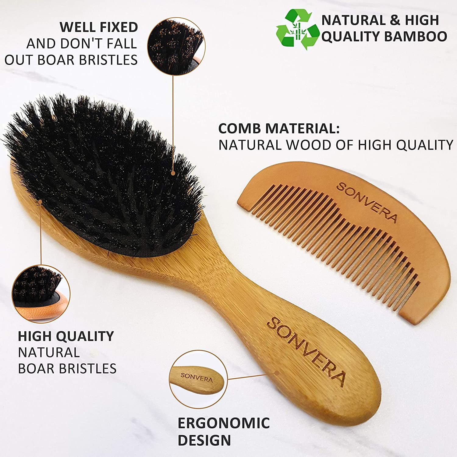 Dovahlia Boar Bristle Hair Brush Set for Women and Men - Designed for Thin  and Normal Hair - Adds Shine and Improves Hair Texture - Wood