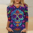 thumbnail image 2 of Women’s Day of the Dead T Shirt 3/4 Sleeve Crewneck Top Colorful Floral Skull Skeleton Print Trendy Casual Blouse for Festival and Themed Party Outfits, 2 of 5