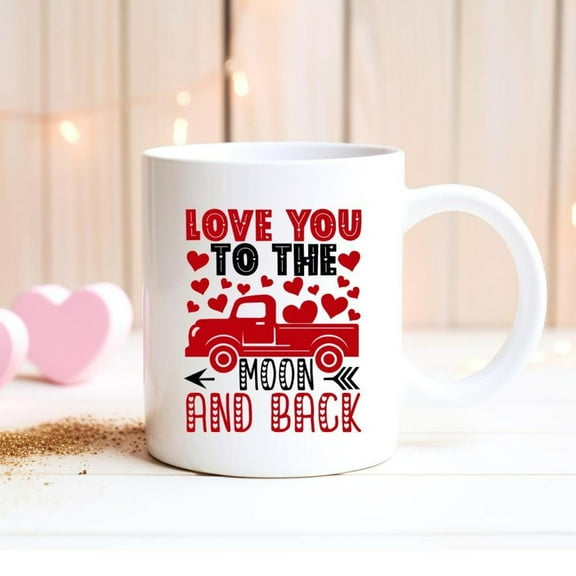 Love You to Moon and Back Coffee Mug Red Truck Hearts Valentine Cup