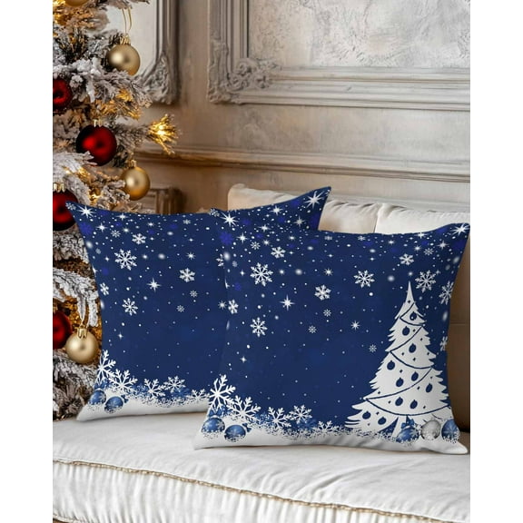 Christmas Decorative Throw Pillow Covers 18x18 Inch Set of 2 Blue Snowflake Pillow Cases for Couch, Christmas Balls Tree Cushion Case for Living Room Bedroom Bed Car Chair