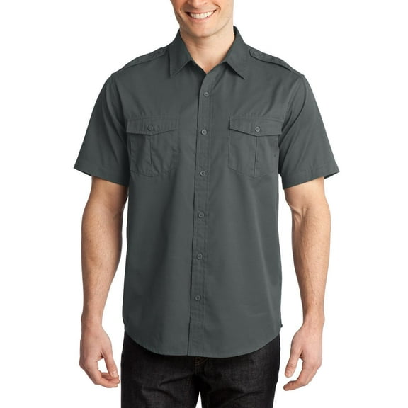Just Blanks Stain-Release Short Sleeve Twill Shirt Button-Down Chest Pockets With Flap And Pleat Details, Steel Grey, 4XL