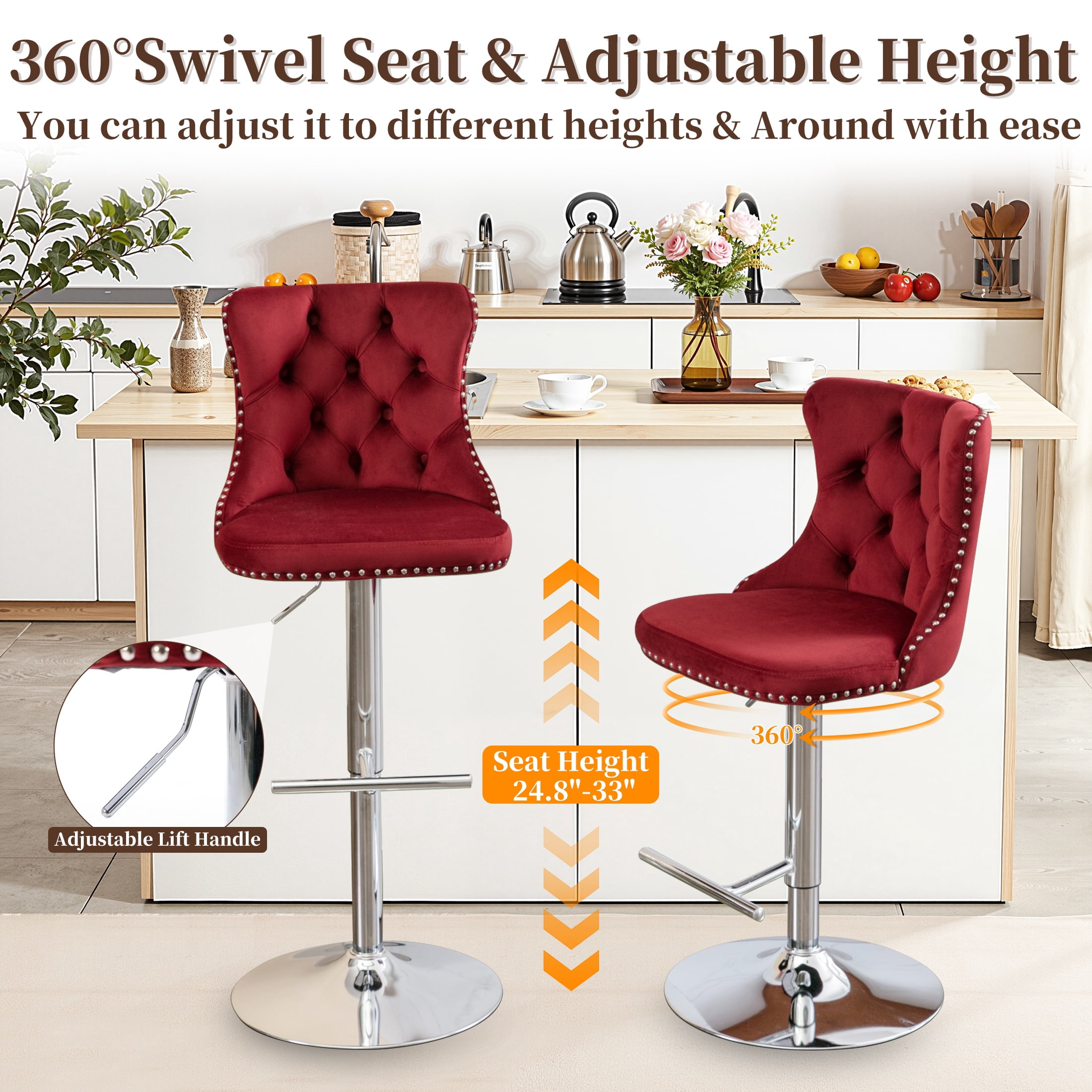 Swivel Bar Stools of 2, LegaHome Velvet Counter Height Barstools, 25-33 Inch Adjustable Height Bar Stools for Kitchen Counter, Modern Upholstered Kitchen Island Chairs, 300lbs Capacity, Burgundy