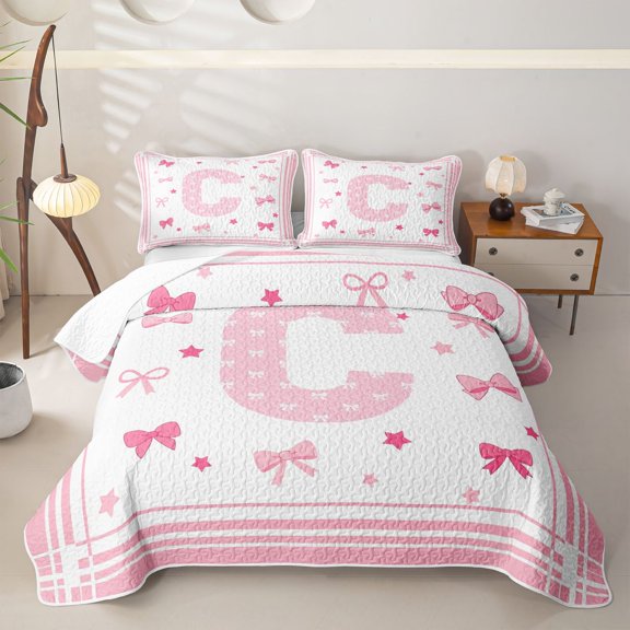 Manfei Kawaii Bow Letter C Monogrammed Twin Quilt Set for Teens Female,Cute Bowtie Alphabet Twin Coverlet Set Girls