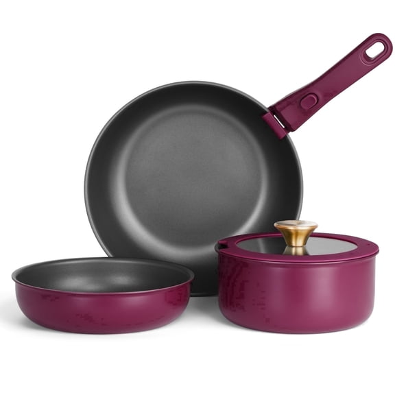Walchoice 5Pcs Pots and Pans Set, Granite Nonstick Cookware Set with Detachable Handle, Stackable Kitchen Cooking Set with Saucepan Frying Pans, Induction Compatible & Oven Safe - Purple