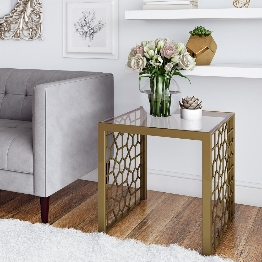 CosmoLiving Juliette Side Table, Living Room, Brass,/Tempered Glass