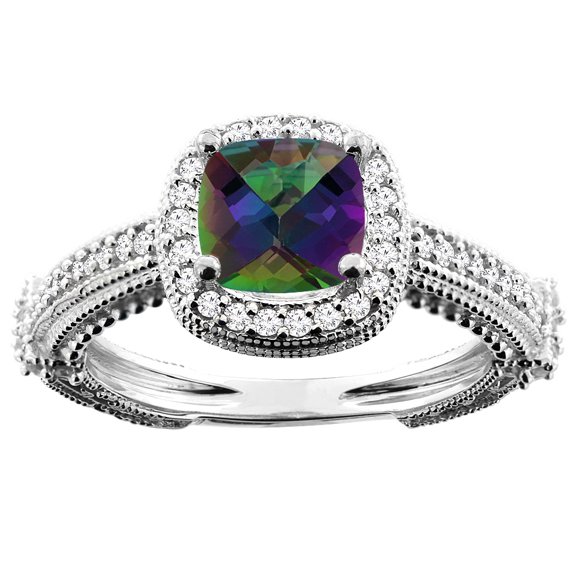 14K White Gold Natural Mystic Topaz Ring Cushion 7x7mm Diamond Accent, size 8.5