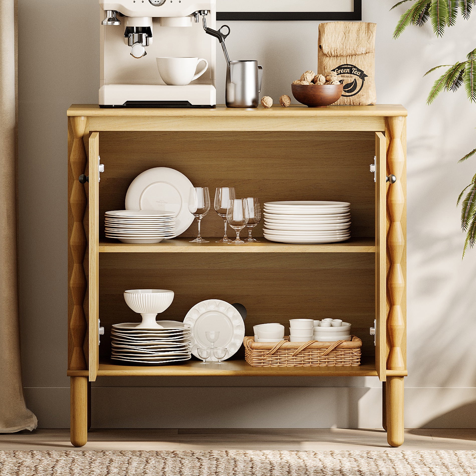 WAMPAT Sideboard with Adjustable Shelf & Soft-Close 2 Doors for Dining Room,Oak