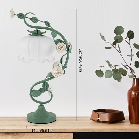 White and Green Flower Glass Table Lamp with 7.48inches Wide Bent Glass Lampshade, 20 inches Tall 110V 60W