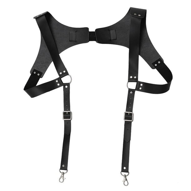 Black Vintage Leather Suspenders Braces Shoulder Strap Belt Harness For Men