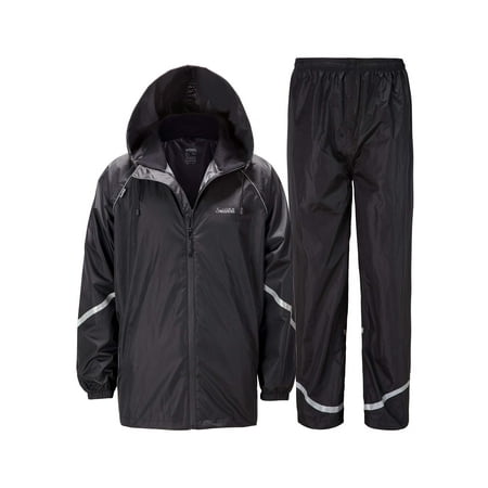 SWISSWELL Men's 2-Piece Waterproof Rain Suit Lightweight Hooded Rain Jacket, Black Stripe XL