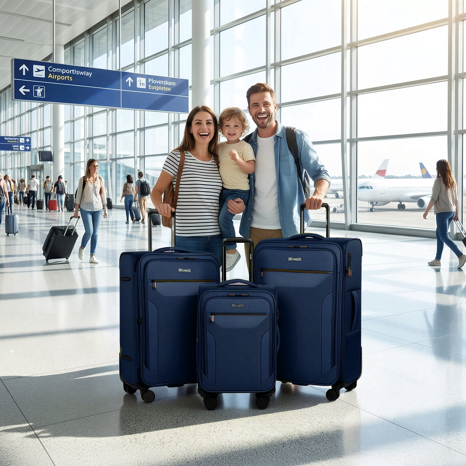 New York Xpress 3-Piece Softside Expandable Spinner Luggage Set with TSA Lock, 22" Carry-On, 28" and 32" Checked, Navy - WD8817