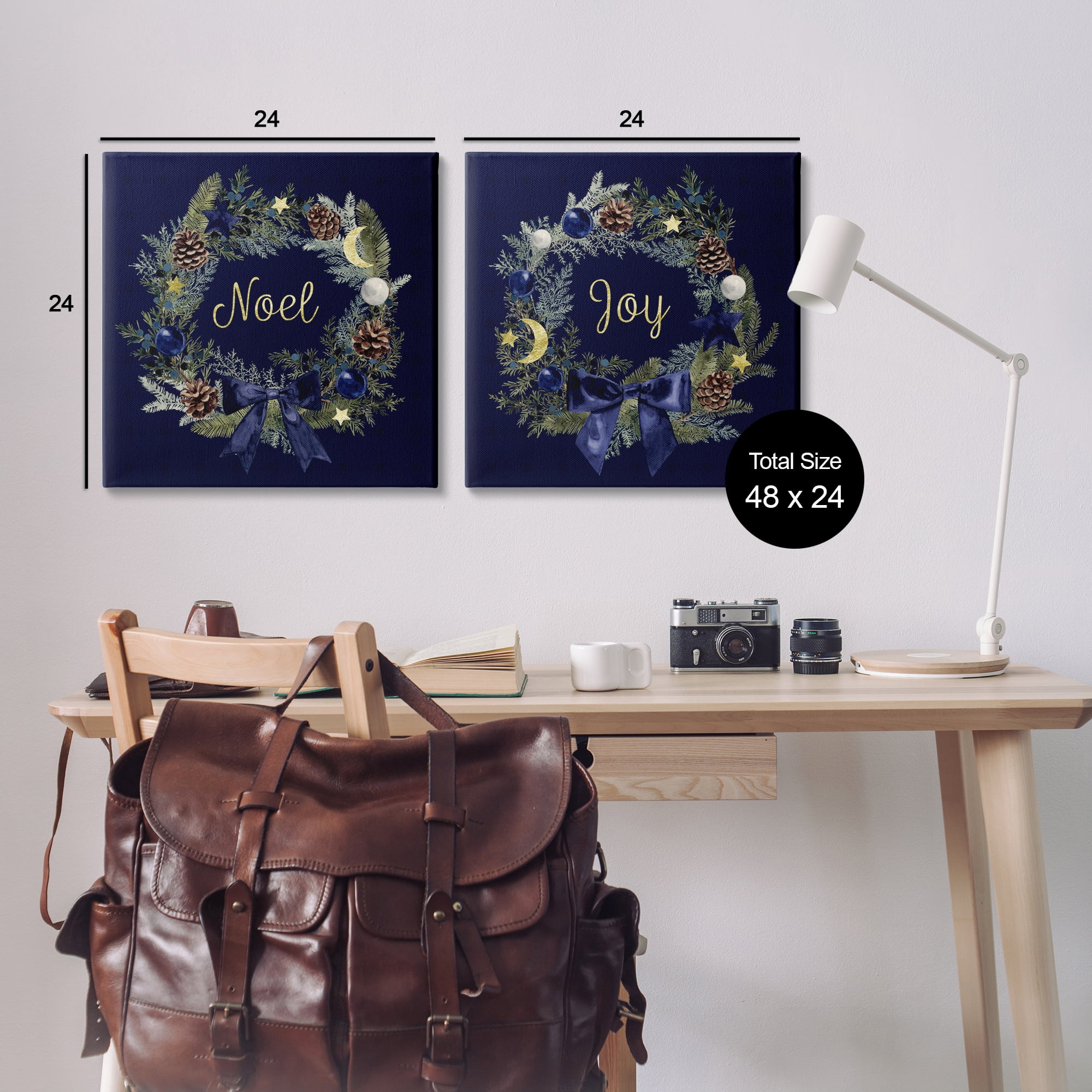 Stupell Industries Noel Joy Balsam Wreath Pinecones Holiday Painting Gallery Wrapped Canvas Art Prints Wall Art, 24 x 24, Set of 2