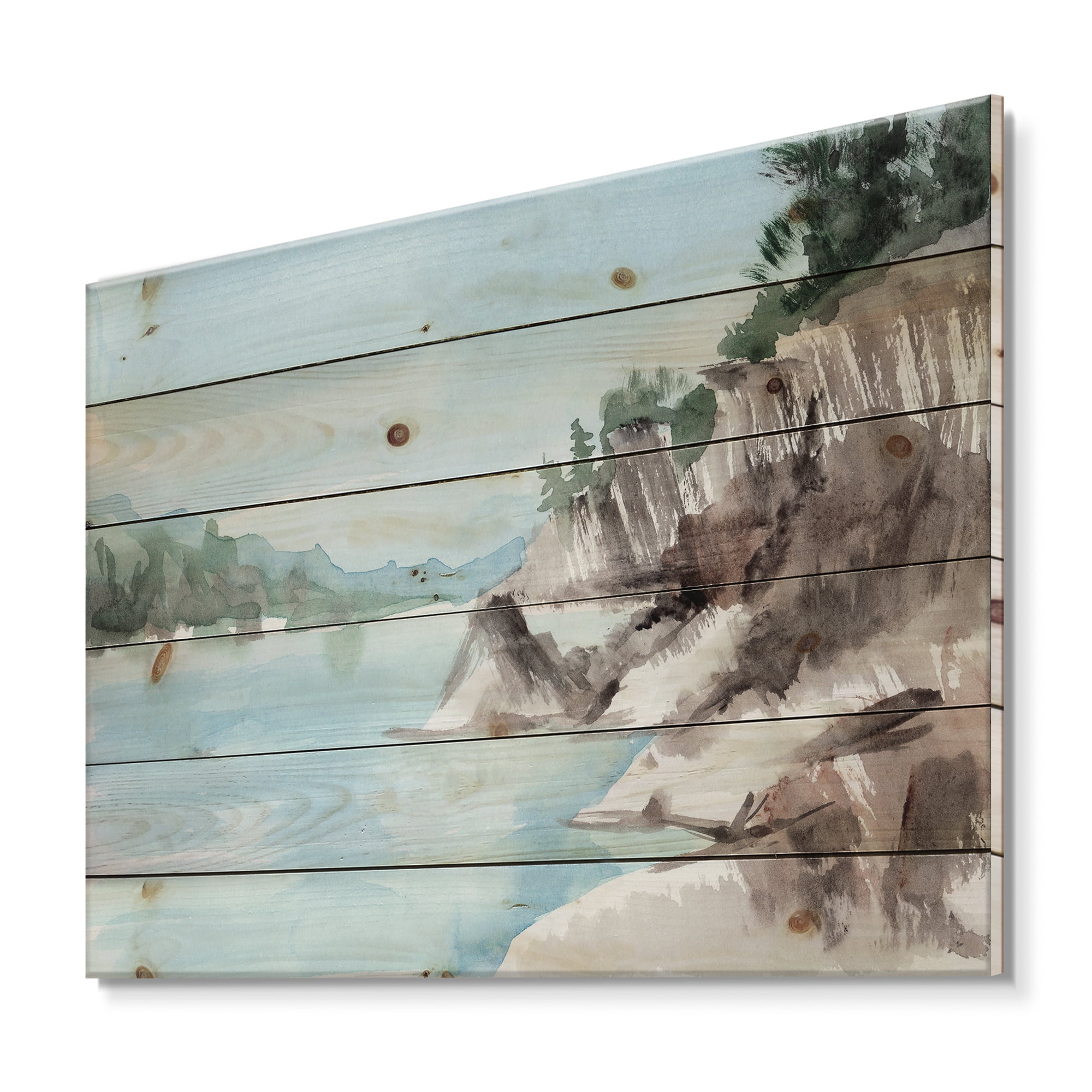 Designart 'Rocks With The Blue Lake' Lake House Print on Natural Pine Wood