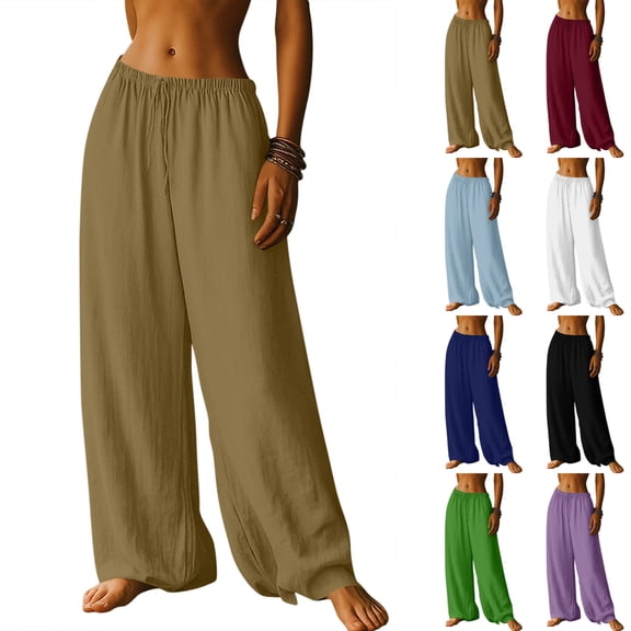 Womens Cotton Linen Low Waist Wide Leg Pants Elastic Drawstring Waist Lightweight Flowy Pants Loose Baggy Fit Beach Vacation Casual Pants, #01 Khaki, XL