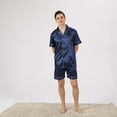 thumbnail image 3 of SWSMCLT Men's Satin Pajama Set Summer Silk Spring Short Soft Spandex Pjs Pajamas Short Sleeve Shorts Set Thin Lightweight Silky Button Down Sleepwear Comfy Navy White X-Large, 3 of 5