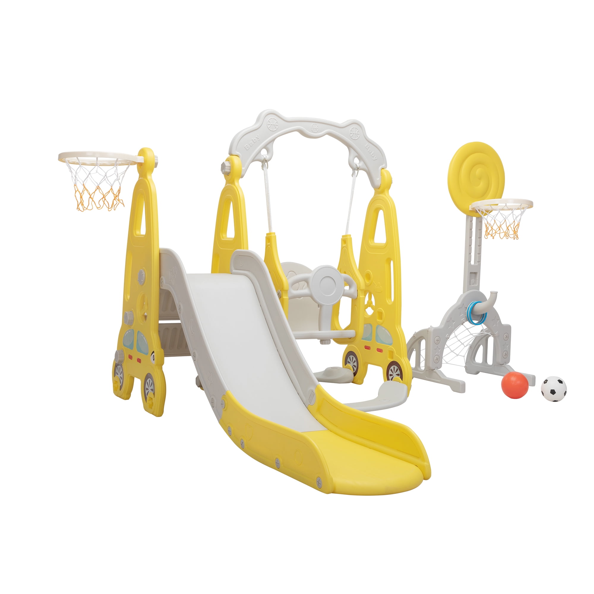 CIPACHO 5-in-1 Toddler Slide and Swing Set, Kids Play Climber Slide Playset w/Basketball Hoop, Soccer Goal, Golf CIPACHO 5-in-1 Toddler Slide and Swing Set, Kids Play Climber Slide Playset w/Basketball Hoop, Soccer Goal, Golf