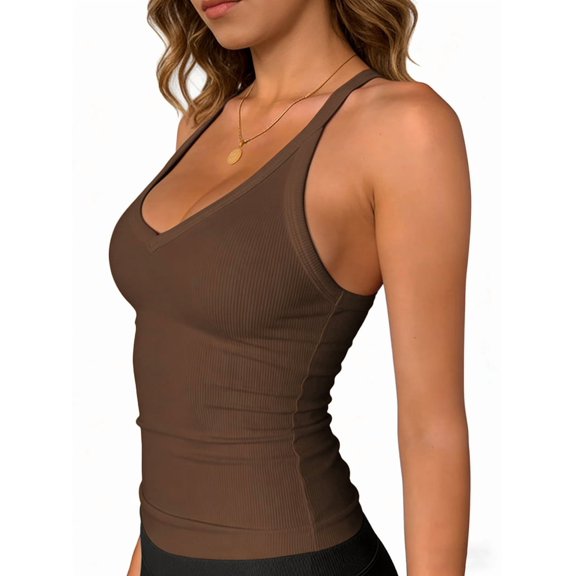 Workout Tops for Women Racerback Basic Tank Summer Camisole V Neck Slim Fit Ribbed Sleeveless Brown S