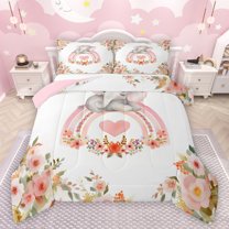 jejeloiu Kawaii Wild Elephant Bedding Comforter Set,Country Floral Blossom Twin Comforter Sets,Pink Loves Rainbow Bedding Set For Girls,Microfiber Bedroom Decor Reversible,2pcs