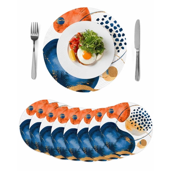 Orange Blue Boho Round 13 Inch Placemats Set of 8, Ethnic Abstract Geometric Striped HeatResistant Non Slip Place Mats for Dining Table, Wipeable Braided Kitchen Table Mats for Housewarming
