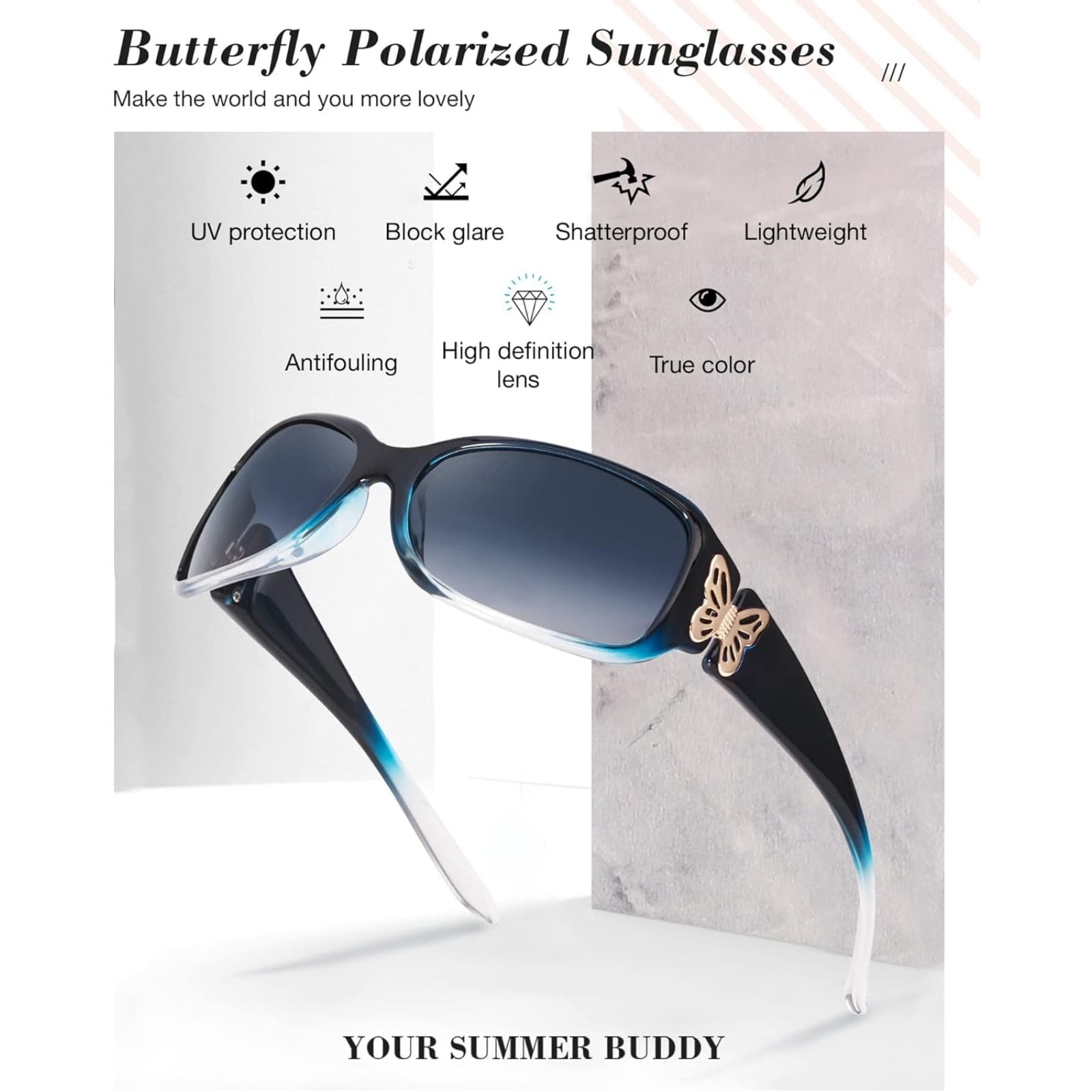 Polarized Sunglasses for Women with Wrap Around Butterfly Design, Trendy Jackie-O Style for UV400 Protection