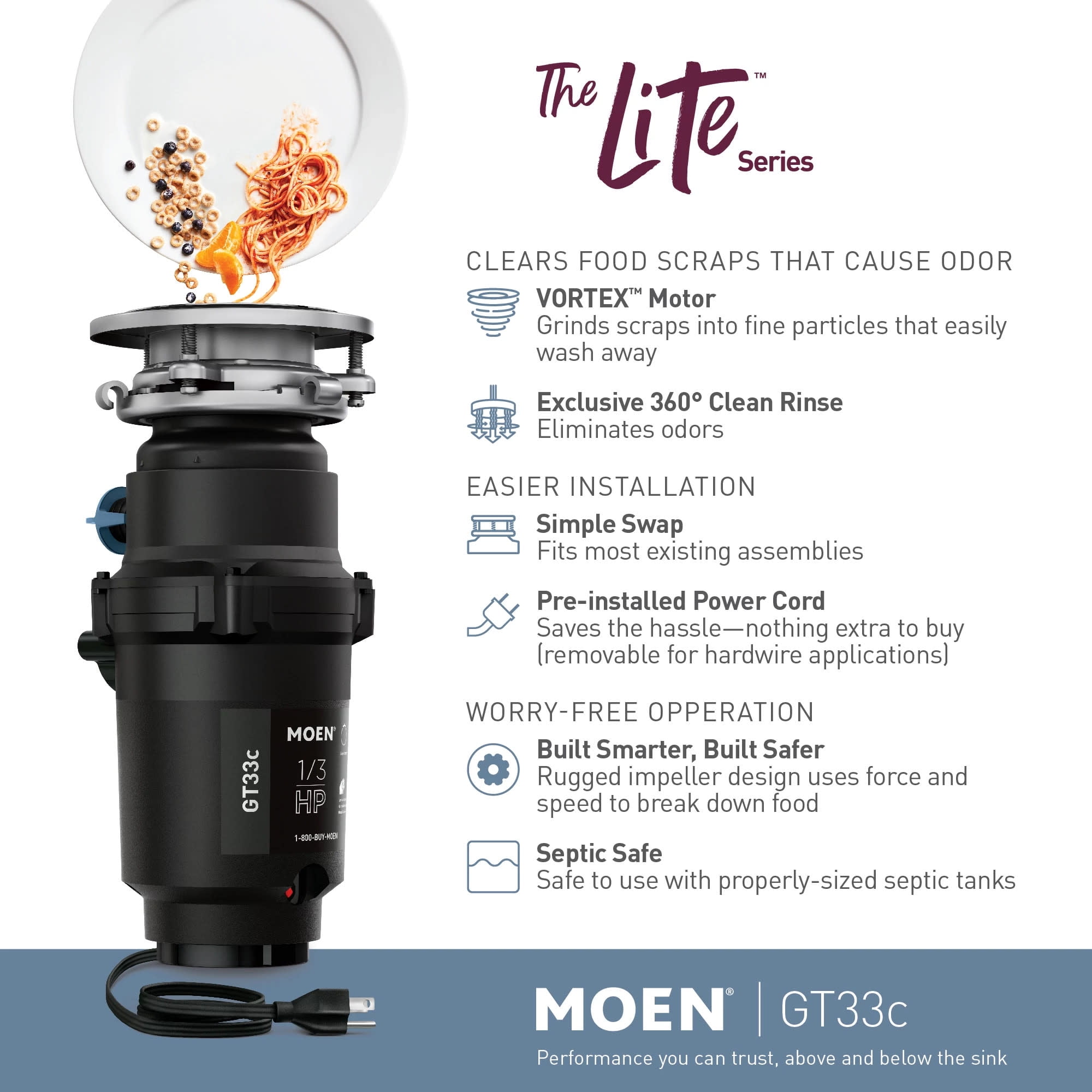 Moen Gt33c Gt Series 1/3 Hp Continuous Garbage Disposal - Black