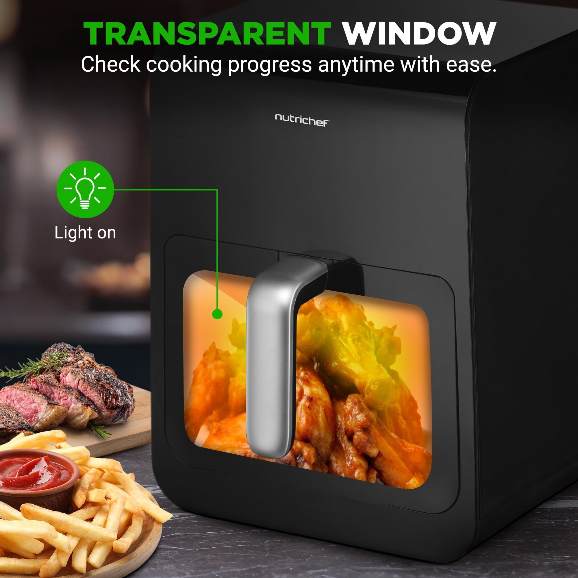Nutrichef 6 Liter Electric Air Fryer 12-1 Preset Cooking Functions Includes Tenderizing Function Digital Display Transparent Window For Best Cooking Results 14.05 x 10.51 x 13.97 Black