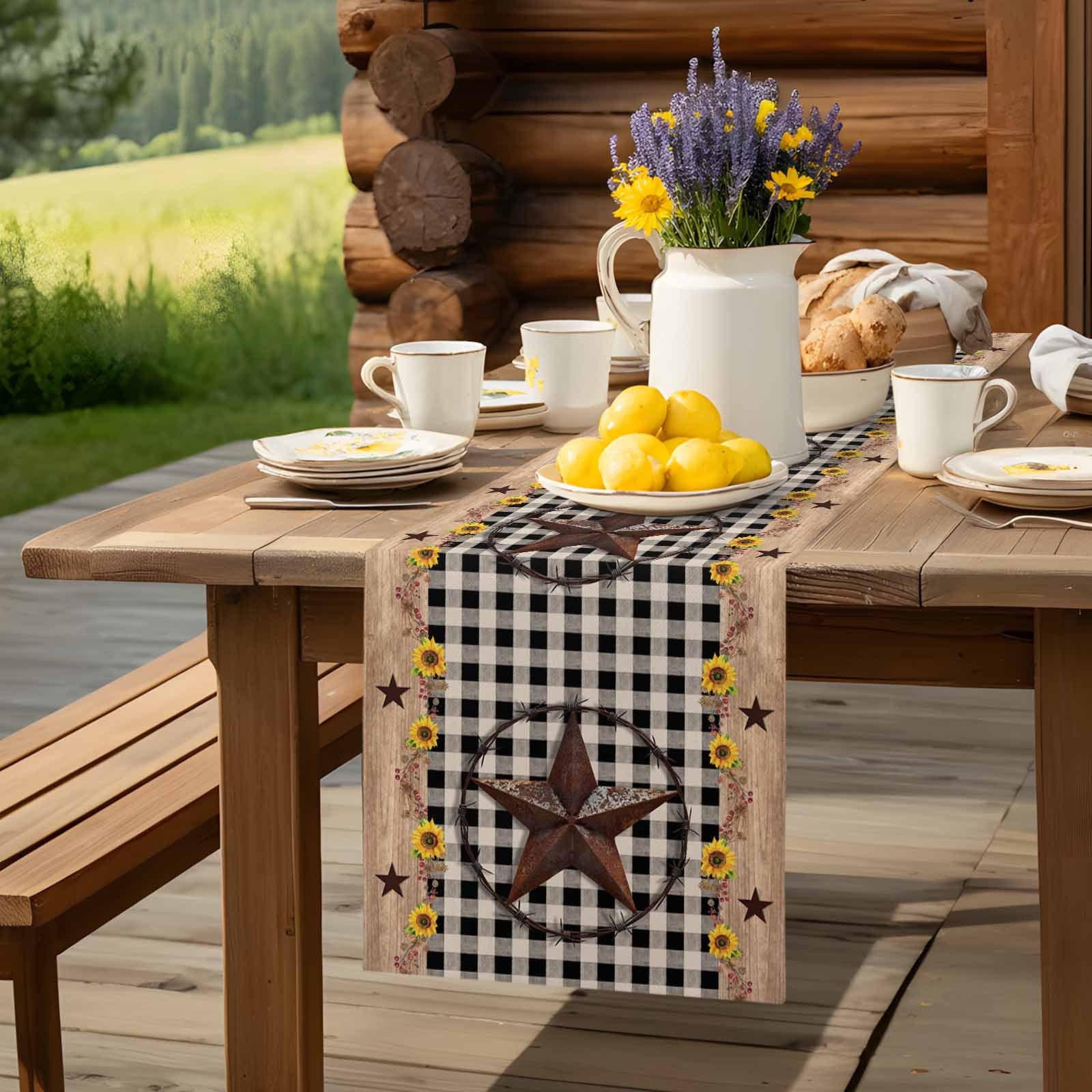 Western Star Farm Sunflower Table Runner 90 Inches Long, Vintage Wood Grain Black Buffalo Plaid Table Runners Tabletop Scarf Kitchen Dining Tables Decoration for Home Party Indoor Outdoor
