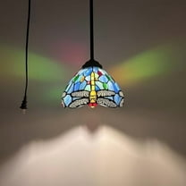 Tiffany Mini Hanging Lights Plug In Blue Stained Glass Dragonfly LED Bulb Included 8”W*8”D*60”H