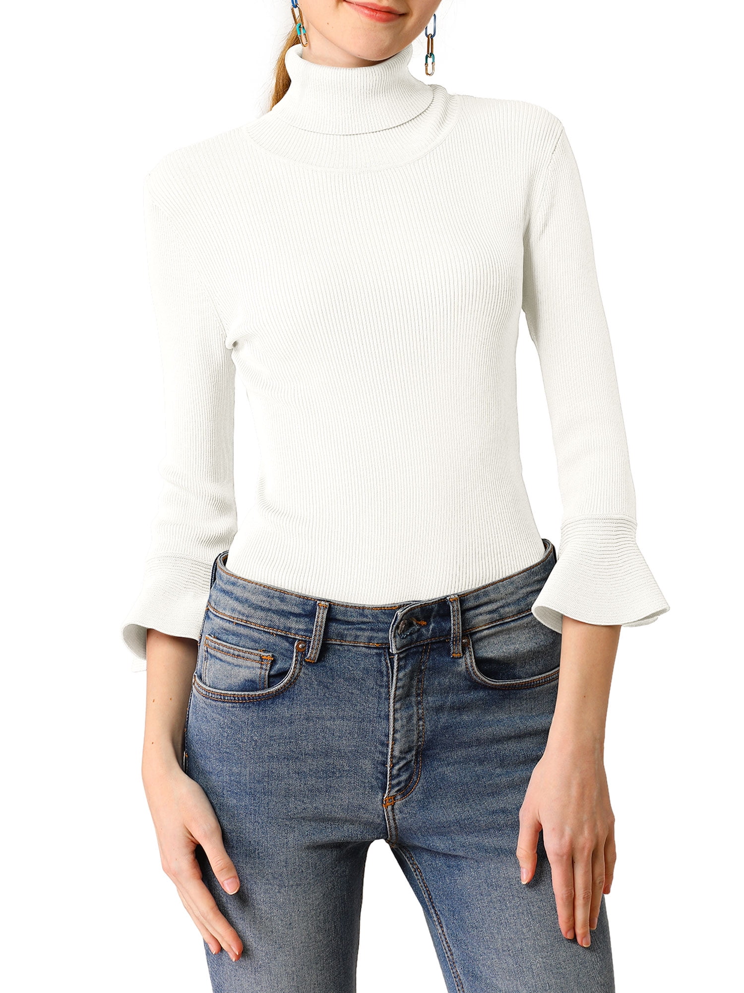 DARING DIVA Women's Ruffle Sleeves Pullover Knit Turtleneck Sweater L White