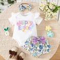 thumbnail image 2 of Kaprioy My First Easter Baby Girl Outfit Girls Clothes Cute Letter HOPPY EASTER Print Short Sleeve Romper Top Bow Ruffle Shorts Headband Infant Summer Clothes, 2 of 9