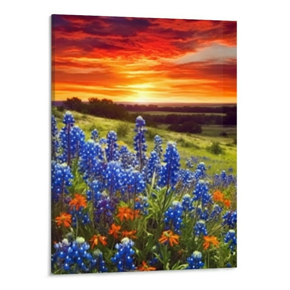 Creowell Sunset Picture Wall Art Beautiful Texas Bluebonnets Field Photo Painting on Canvas Modern Natural Landscape Poster Artwork for Home Living Room Decorations Ready to Hang 16"x20"in