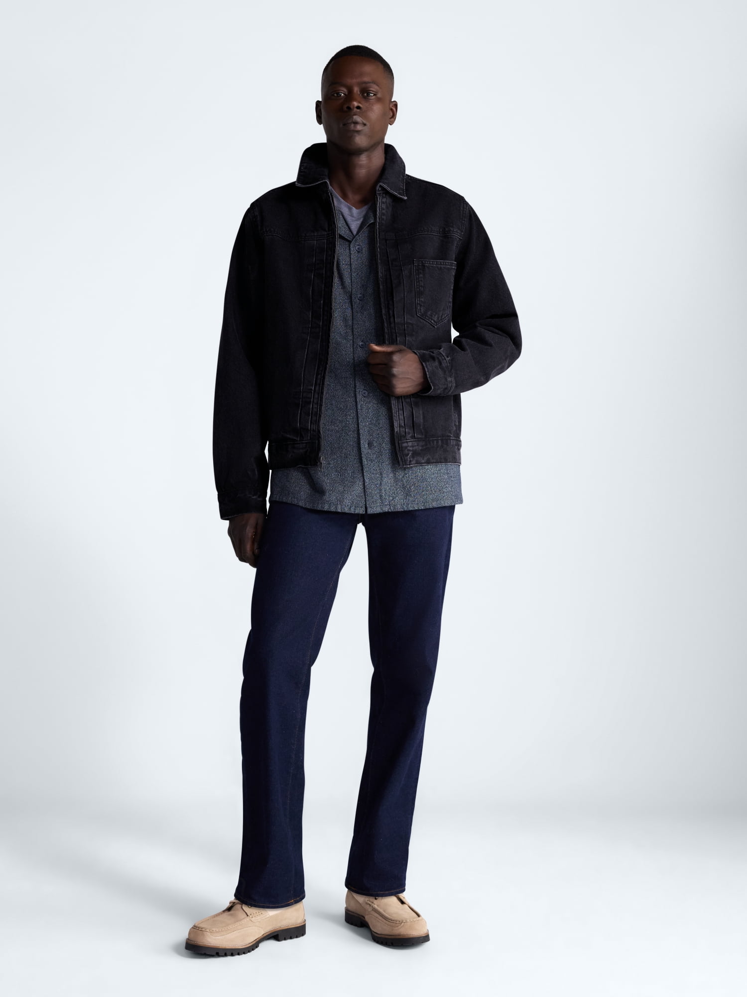 Free Assembly Men's Pleated Zip Front Denim Jacket, Sizes XS-3XL