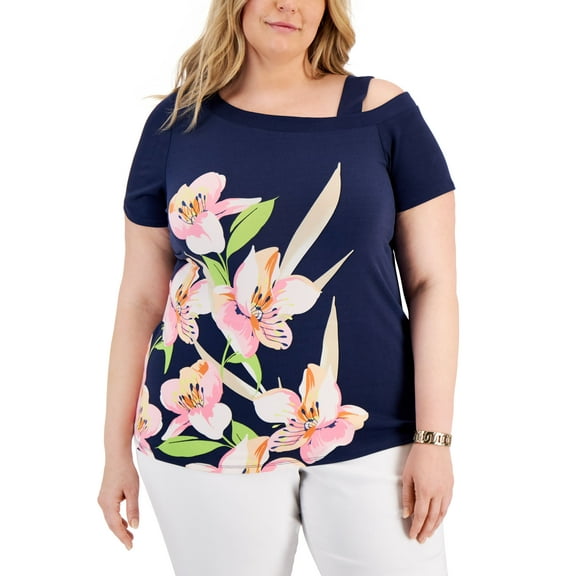 JM Collection Floral Cold Shoulder Top Intrepid Blue Combo XL