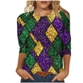 thumbnail image 2 of Mardi Gras Womens Top Striped 3/4 Sleeve Funny Mask Graphic Crew Neck Tee Shirt Loose Fitted Tunic Party Tops Fashion Mardi Gras Clothes 2026, 2 of 7
