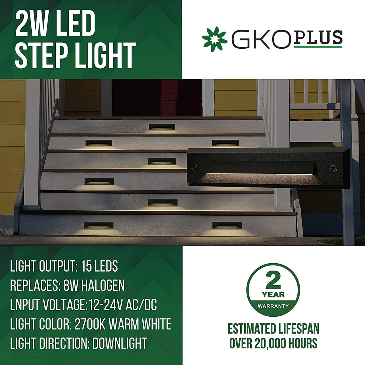 GKOplus 6-Pack Low Voltage 12-24V AC/DC LED Step Lights, 2W Landscape Cutoff Stair Riser Light, Outdoor Waterproof Accent Lighting Fixtures, Die-cast Aluminum with Black Powder Coated Finish