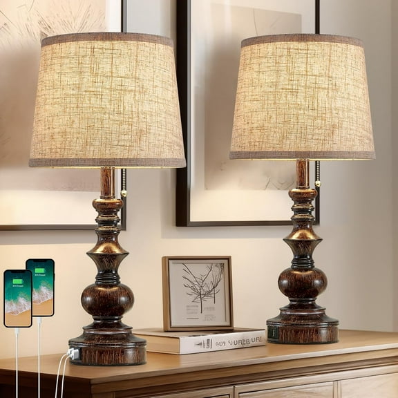 22'' Farmhouse Bedside Table Lamps Set of 2 for Bedroom Nightstand Lamps with USB A C Charging Ports Traditional Small Table Lamp for Living Room End Tables,Pull Chain,Bulbs Not Included