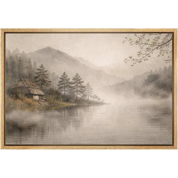 Framed Canvas Print Wall Art Mist Covered Cabin by the River Vintage Landscape Art for Living Room, Bedroom, Office - 16"x24" NATURAL