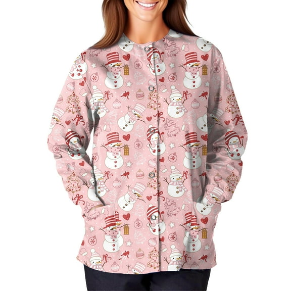 Homozy Christmas Printed Scrub Jackets for Women Xxxl Oversized Open Front Tops Snowman Xmas Santa Claus Printed Casual Long Sleeve Scrub Uniform Pink 2XL