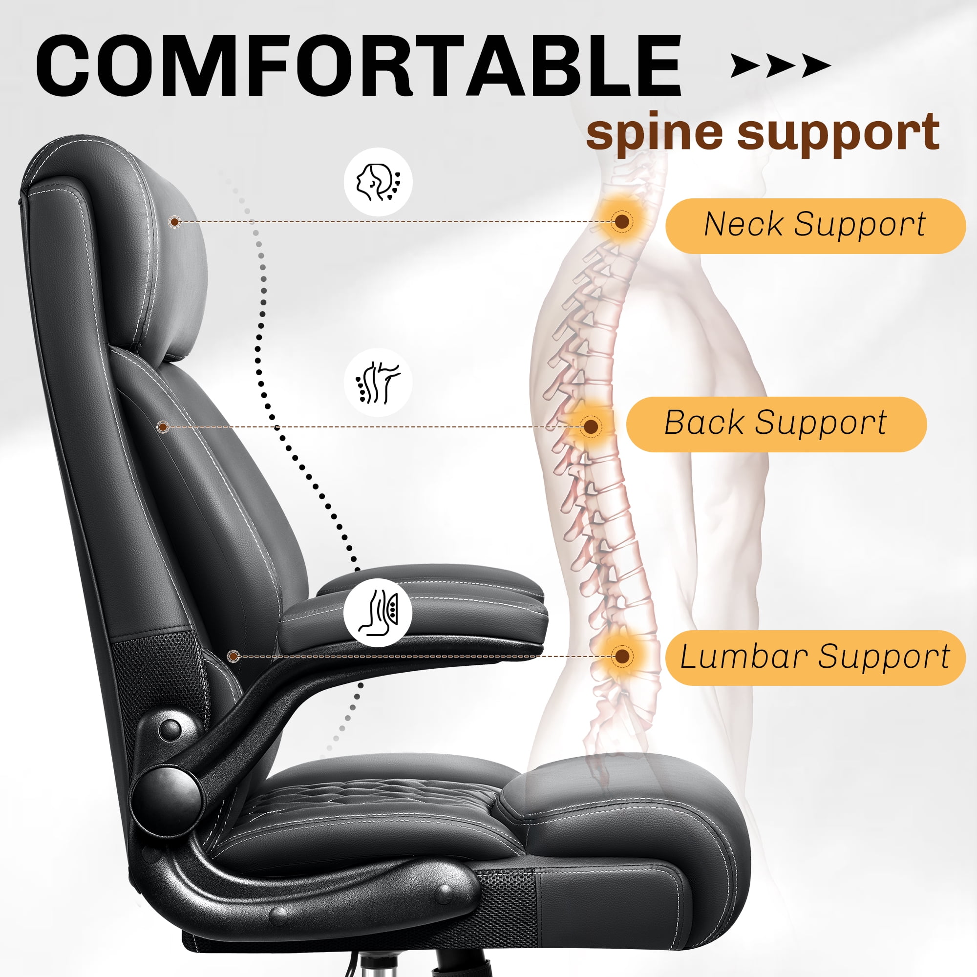 FASTES Office Chair, Ergonomic Computer Desk Chair with Rocking Function, Big and Tall Leather Office Chair with Adjustable Flip-up Armrests and Lumbar Support, Black