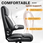 FASTES Office Chair, Ergonomic Computer Desk Chair with Rocking Function, Big and Tall Leather Office Chair with Adjustable Flip-up Armrests and Lumbar Support, Black