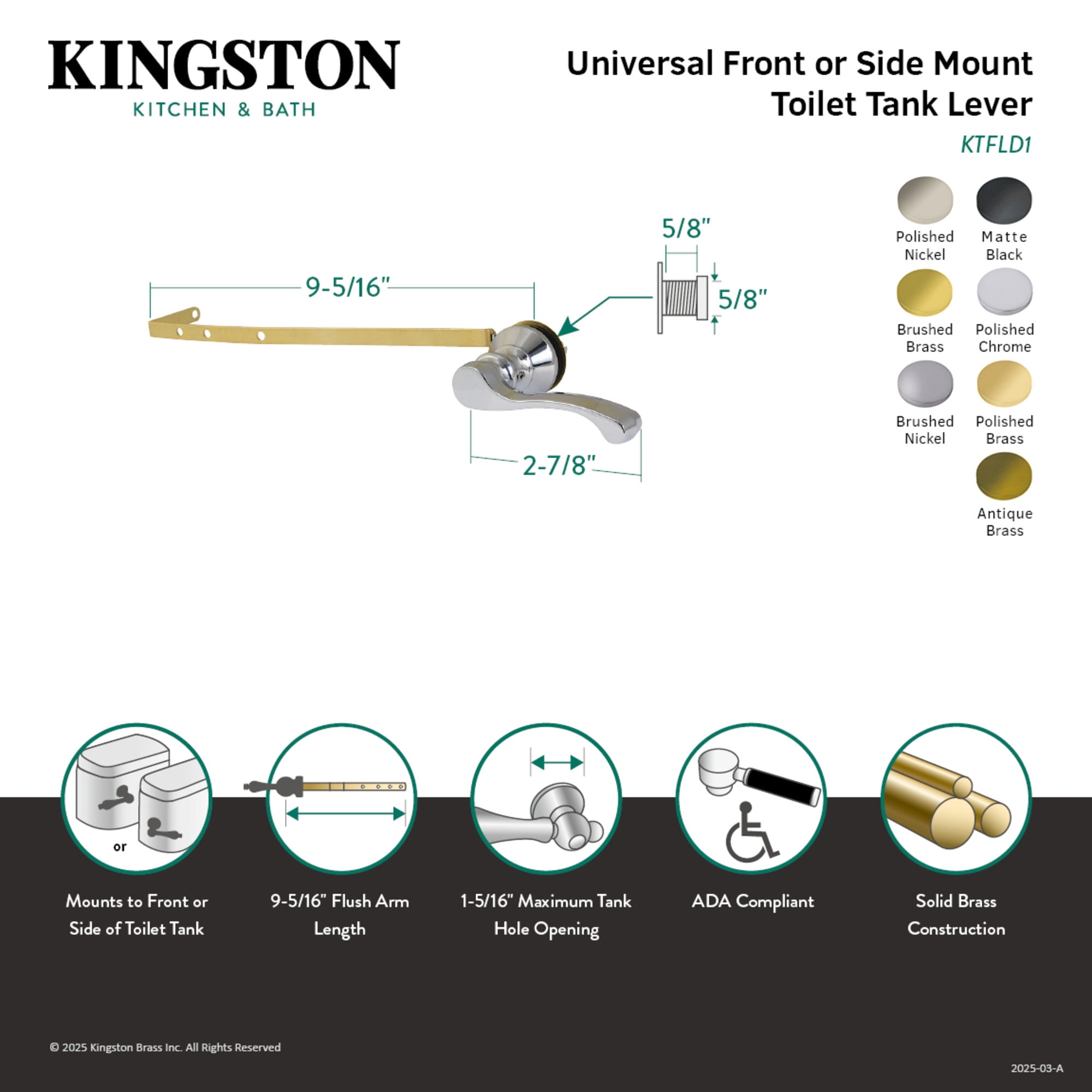 Kingston Brass KTFLD8 Royale Universal Front or Side Mount Toilet Tank Lever in Brushed Nickel