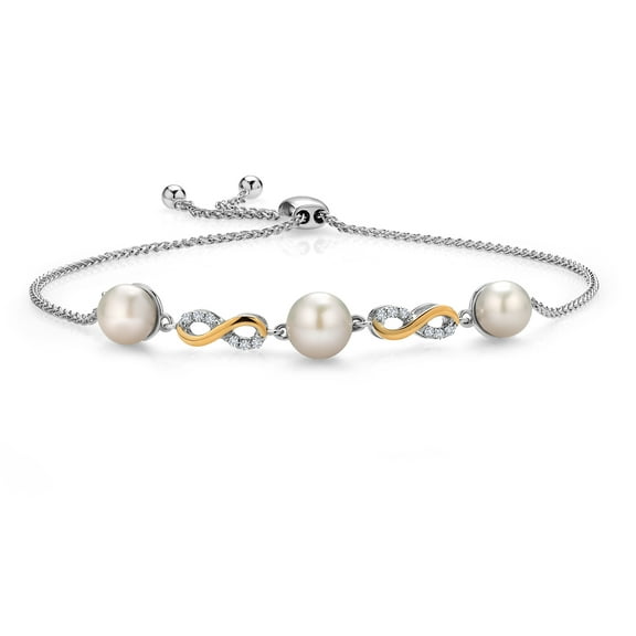 Gem Stone King 925 Sterling Silver and 10K Yellow Gold Cultured Freshwater Pearl and White Lab Grown Diamond Infinity Tennis Bracelet for Women (Round 6-7.5MM Pearls, Adjustable up to 9.25 inch)