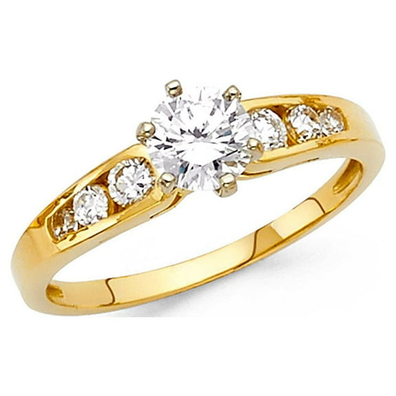 CZ Engagement Ring 14k Yellow Gold Round Solitaire CZ Anniversary Band Bridal Ring Side Stones Size 7