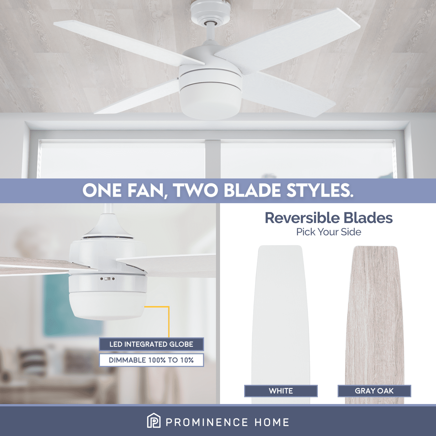 Prominence Home Atlas 44" White Ceiling Fan with Light, Remote Control, 4 Blades & Reverse Airflow