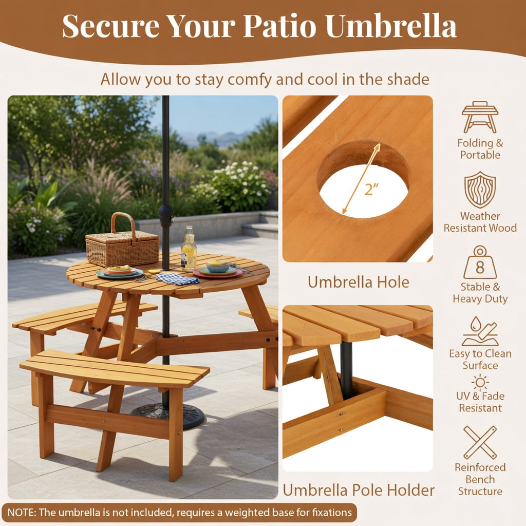 Hommoo 6-Person Round Outdoor Picnic Table Set with 3 Built-in Benches, Umbrella Hole & Weather-Resistant Fir Wood, Yellow