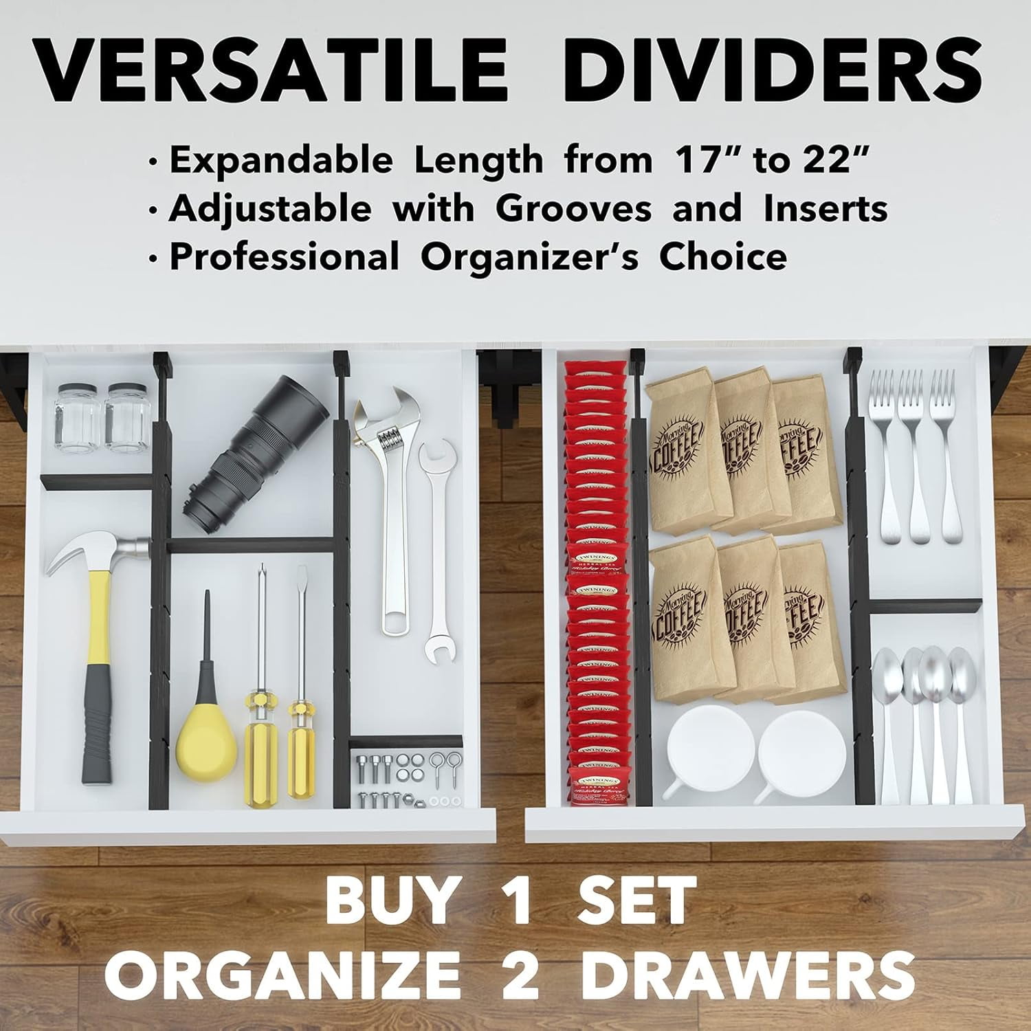 SpaceAid Bamboo Kitchen Organizer Drawer Dividers, Expandable(17-22 in), 17"L x 0.6"W x 2.6"H, Black