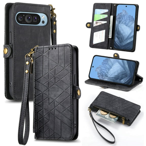 ELEHOLD Full Body Case for Google Pixel 9/9Pro, PU Leather Flip Stand Magnetic Closure Case with Card Holder,Black